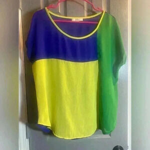 Ya Los Angeles sheer multicolor top in front in yellow green & purple size large